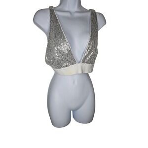 Alice + Olivia Silver Sequin Bralette Crop Top Size 6 Party Glam